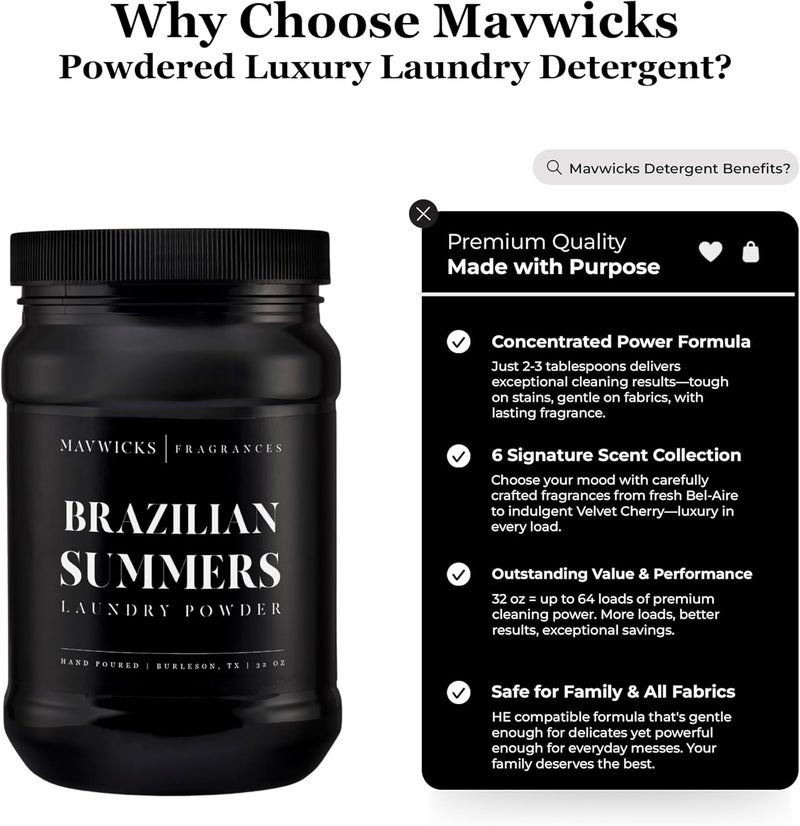 Mavwicks - Luxury Laundry Detergent Powder (Brazilian Summers) 32 Oz – Concentrated for Tough Stains and Odors, For All Washing machine types – Gentle on Fabrics - Image 2